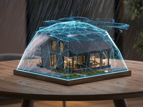 A drone hovers above a miniature house, projecting a futuristic holographic shield that protects it from the simulated rain and storm. This represents advanced technology and future living concepts.