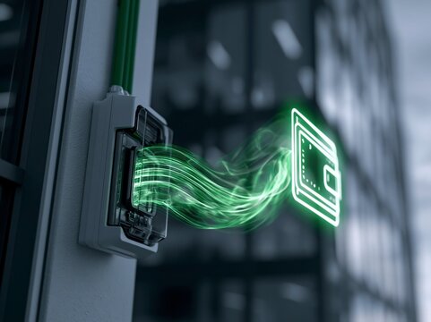 A glowing digital wallet symbol emanates green energy as it connects to a modern socket, symbolizing seamless financial transactions and cutting-edge technology.