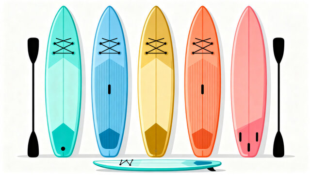 Colorful Stand Up Paddleboards and Paddles Illustration Set on White Background
