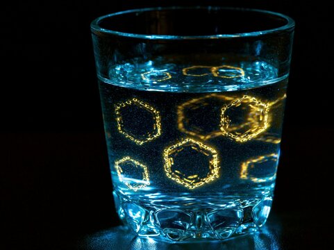 A glass of clear liquid with glowing hexagonal patterns reflected on its surface, evoking a sense of scientific discovery and molecular structure against a dark background.