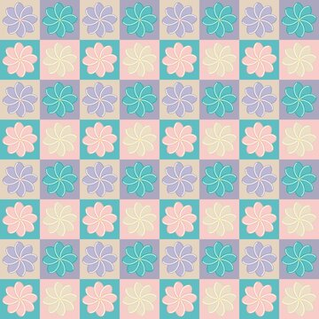 Pastel retro floral checkerboard seamless pattern