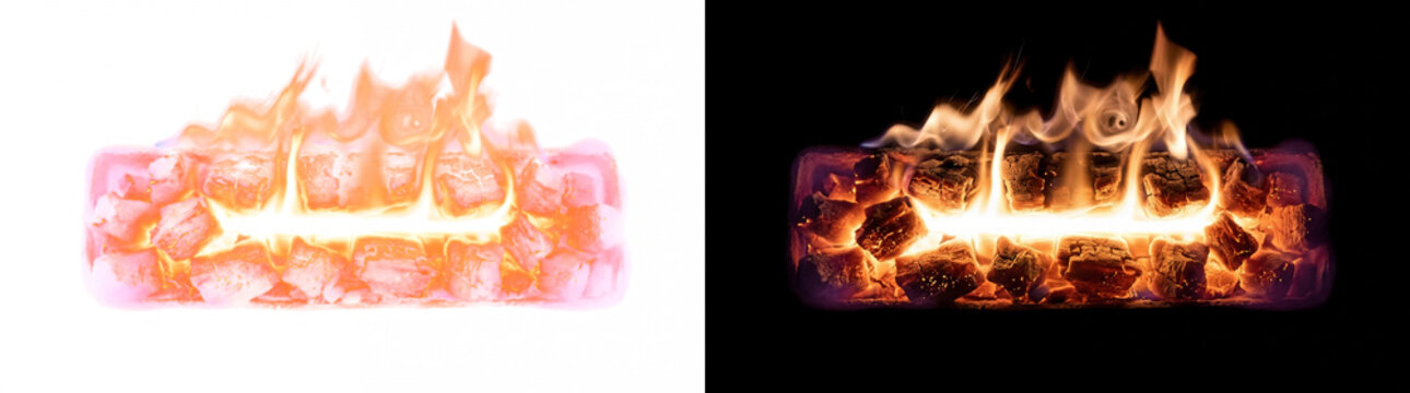 Elongated ember trough with linear hotspot core burning element cutout with real transparency