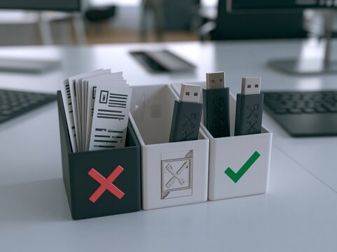 A 3D rendering displays a white desk organizer with three compartments containing a document, two USB drives, and a checkmark, symbolizing data management and organization in a modern office.
