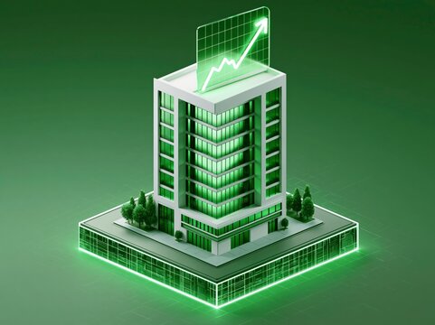 A modern, minimalist office building glows with vibrant green neon lights, a rising stock market graph projected above it, symbolizing economic growth and prosperity.