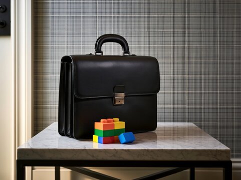A classic black leather briefcase sits beside a colorful stack of toy building blocks on a marble table, a juxtaposition of business and childhood.