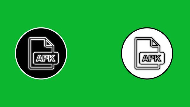 Apk file format icon motion graphic on green screen background with outline style in black and white circles.