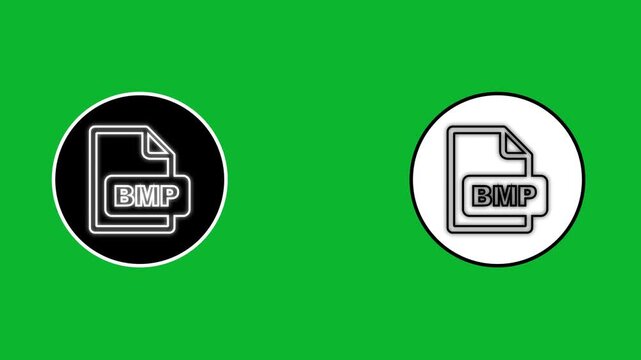 BMP file format icon animation showing glowing file extension icons on black and white circles over green background.