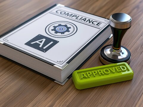 AI compliance book with a rubber stamp and a green approved seal on a wooden desk.
