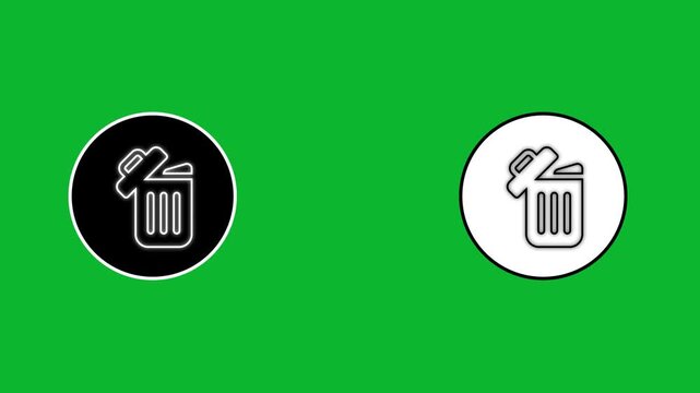 Animated trash can icon revealing a dynamic delete symbol on both black and white circular backgrounds motion graphic with a green screen chroma key.
