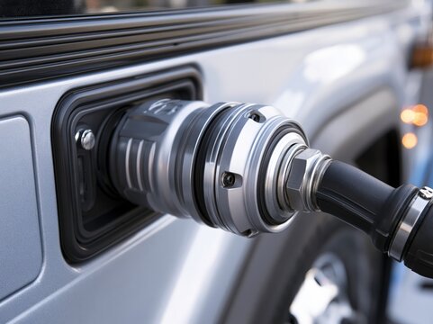 Close-up shot of a vehicle being refueled with a modern pump nozzle inserted into the fuel tank opening.