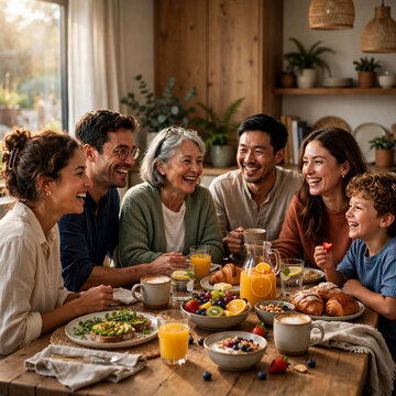 Joyful Family Breakfast With Friends At The Table Sharing Food And Laughter A warm scene of a family and friends gathered around a breakfast table, sharing smiles and conversation as they enjoy coffee