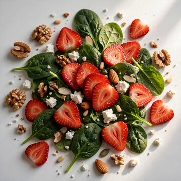  Spinach leaves, sliced strawberries, nuts, feta cheese on white background Strawberry salad. Spinach leaves, sliced strawberries, nuts, feta cheese on white background. Healthy food concept. Fat lay,