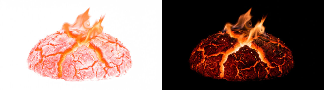 Glowing ember mound with cracked dome crust and incandescent core, fiery heat texture overlay isolated on transparent background