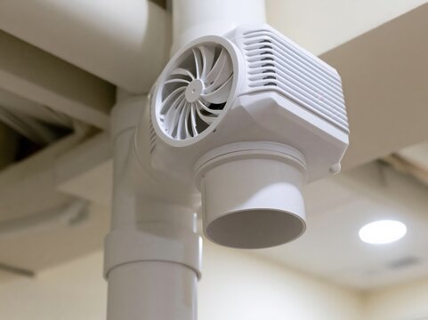 A ventilation fan installed on a white pipe system within a room's ceiling.