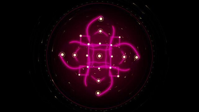 Neon pink mandala animation, glowing geometric light pattern on black background, futuristic digital kaleidoscope motion graphic