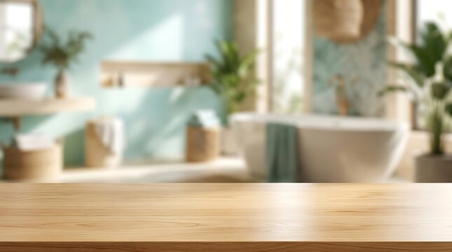 Empty wooden table product display background in blurred modern bathroom with teal walls for health and beauty spa banner