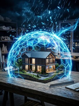 A futuristic, high-tech security system envelops a model house with a glowing energy shield, symbolizing ultimate protection and advanced technology in a dynamic.