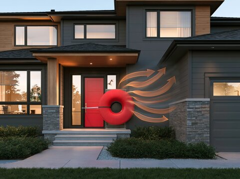 Modern luxury home exterior with contemporary architectural design, featuring a bright red front door and sleek windows, accented by a unique circular decorative element and subtle lighting.
