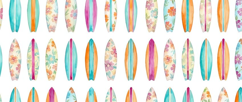 Colorful surfboards arranged in rows with vibrant stripes and florals