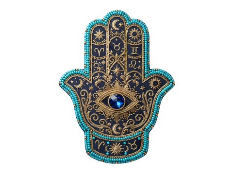 Ornate hamsa hand symbol with zodiac signs and celestial eye