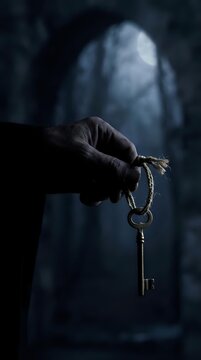 Hooded figure holding antique key with rope in dark dungeon
