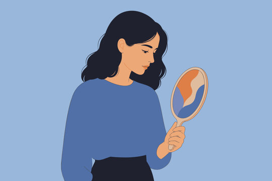 Young woman looking into a hand mirror with a thoughtful expression, representing self-reflection, mental health, identity, and personal growth in a minimalist vector illustration style