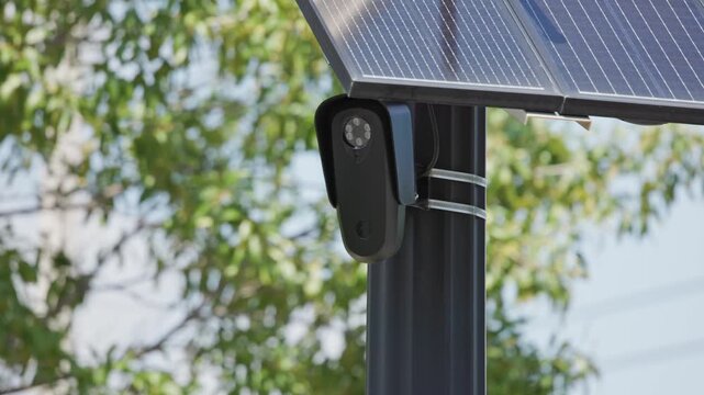 ALPR camera FLOCK safety surveillance for high-speed, computer-controlled systems and automatic license plate recognition on road pole mount to detect car speed in slow motion powered by solar panel
