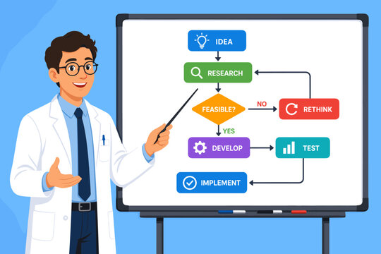 A male scientist presenting a research flowchart on a whiteboard, explaining the steps of product development from idea to implementation