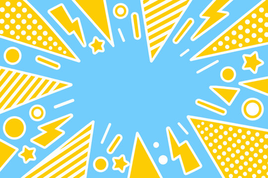 Pop art comic book style frame illustration featuring yellow geometric shapes, lightning bolts, stars, and stripes over a bright blue layout