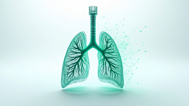 Digital Lung Wireframe with Airflow Particles on White Background