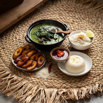 Traditional West African Vegetable Soup Served with Fufu, Rice and Fried Plantain