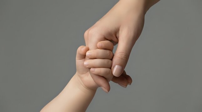 Adult hand gently holding child's hand in trust and care gesture against neutral background, symbolizing family bonding, parenting, protection, and support.