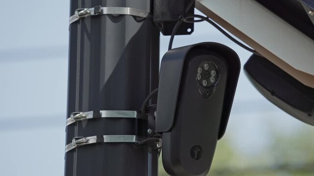 ALPR camera FLOCK safety surveillance for high-speed, computer-controlled systems and automatic license plate recognition on road pole mount to detect car speed in slow motion powered by solar panel