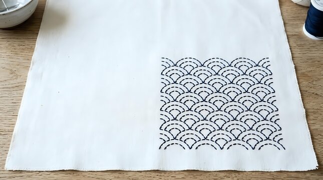 Monochrome geometric scallop pattern on white linen fabric