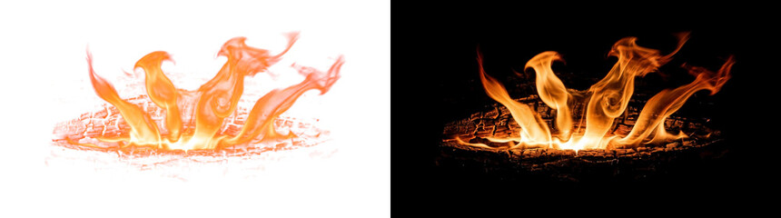Fototapeta premium Horizontal Campfire Flame Burst Through Log Gap Fissure, Glowing Ember Effect Overlay Isolated on Transparent Background