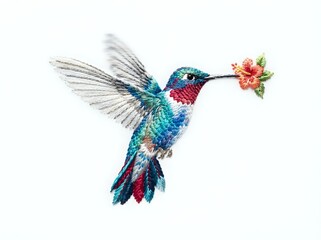 Fototapeta premium Colorful hummingbird with iridescent plumage carrying coral flower