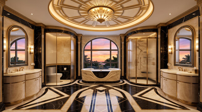 Opulent Art Deco master bathroom interior featuring marble floors, dual vanities, large bathtub, and sunset view
