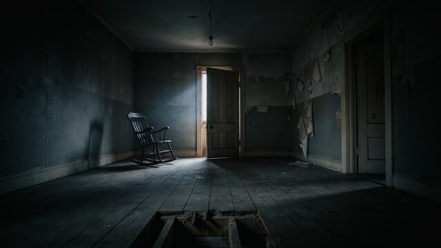 Abandoned room with rocking chair, dark spooky interior of derelict house, light through open door in creepy empty building