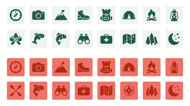 Camping and wilderness expedition equipment icons for outdoor adventure.