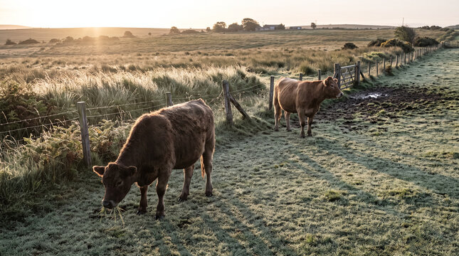 Wide view of grazing land boundary with cows at fence edge