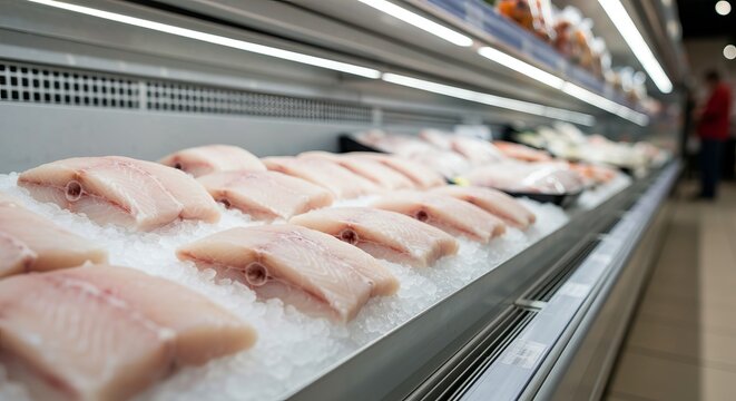 Filleted white fish packed on ice in a supermarket chilled case