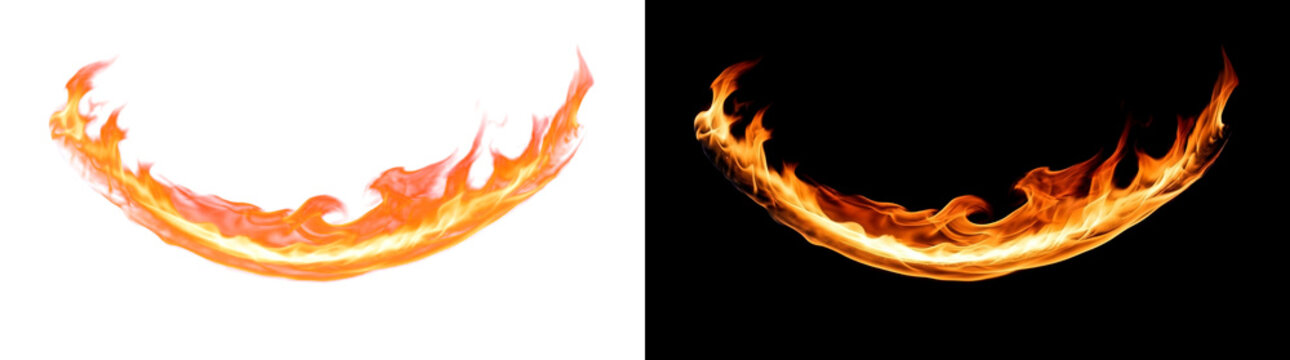 Elongated parabolic flame crest with incandescent camber glow, energetic fire overlay isolated on transparent background