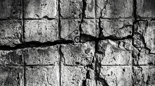 A high contrast black and white close up of a weathered concrete wall with deep structural cracks