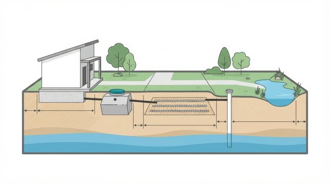 Diagram shows the layout of a septic tank system with drainage for handling residential wastewater and a setback distance from water sources.