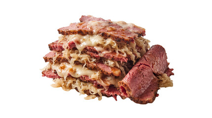 Fototapeta premium Gourmet reuben sandwich stack with corned beef and melted swiss cheese, layered pastrami with sauerkraut on white background, deli meat appetizer