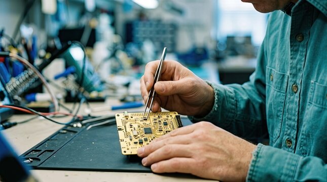 Skilled technician working on a complex electronic circuit board in a professional electronics repair and assembly workshop