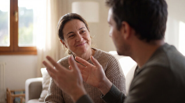 Woman listening to man talk in living room