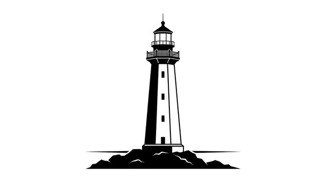 Minimalist lighthouse illustration, black and white nautical beacon on rocks, coastal maritime tower icon for logo design