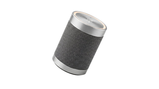 Modern wireless smart speaker with fabric texture, portable bluetooth audio device, sleek silver and gray home electronics