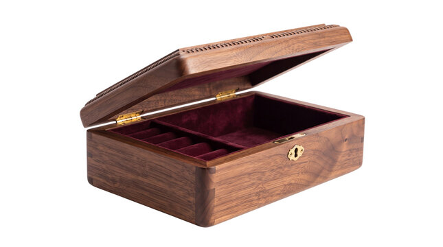 Vintage wooden jewelry box with velvet lining, antique walnut casket for rings and watches, elegant open storage chest on white background